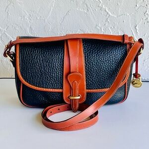 VINTAGE ALL WEATHER LEATHER LARGE EQUESTRIAN BAG BLACK TAN TRIM